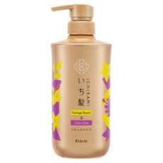  KRACIE Шампунь для восстановления повреждений и ухода за цветом волос Ichikami Damage Repair & Color Care с ароматом цветков лимона и цветущей вишни, помпа 480мл., фото 1 