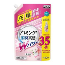  KAO Humming W Power Fresh Floral Кондиционер-ополаскиватель для белья, с антибактериальным и дезодорирующим эффектом, со свежим цветочным ароматом, мягкая упаковка с крышкой 1400мл., фото 1 