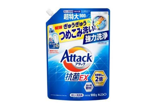  KAO Жидкое средство для стирки "Attack EX" (концентрат тройного действия) 900 г, мягкая упаковка с крышкой, фото 1 