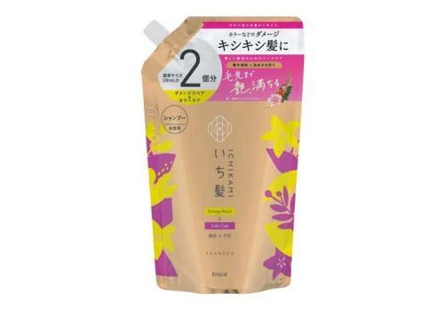  KRACIE Ichikami Damage Repair & Color Care Шампунь для восстановления повреждений и ухода за цветом волос, с ароматом цветков лимона и цветущей вишни, сменная упаковка с крышкой 660мл., фото 1 