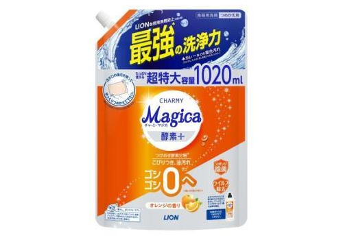  LION Средство для мытья посуды "Charmy Magica+" (с ароматом апельсина / концентрат / от стойких загрязнений) 1020 мл, мягкая упаковка с крышкой, фото 1 