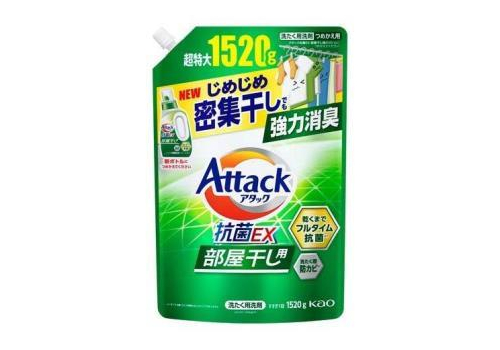  KAO Attack Antibacterial EX For Indoor Drying Жидкое средство для стирки с антибактериальным эффектом, для сушки белья в помещении, с ароматом свежей зелени, сменная упаковка с крышкой 1520г., фото 1 