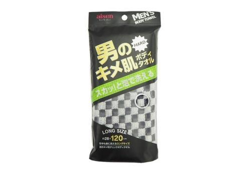  AISEN Men's Body Towel Checked Pattern Мочалка массажная мужская жесткая, удлиненная, черно-белая, размер 28Х120см., фото 1 