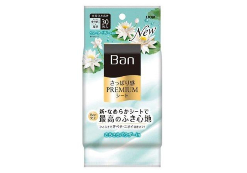  Lion Салфетки дезодорант Ban Premium Япония влажные от пота и запаха с пудрой цветущий лотос 30 шт, фото 1 