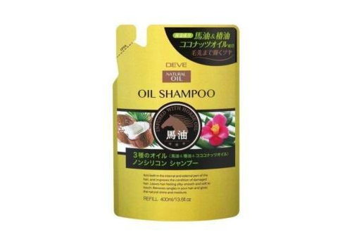  KUMANO YUSHI Deve 3 Natural Oils Шампунь для сухих и поврежденных волос с тремя видами масел (лошадиное, кокосовое и масло камелии), сменная упаковка 400мл., фото 1 