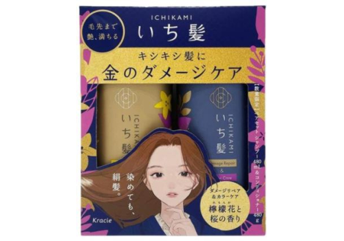  KRACIE Набор шампуня и кондиционера Ichikami для восстановления поврежденных волос и ухода за цветом шампунь 480мл.+ кондиционер 480г., фото 1 