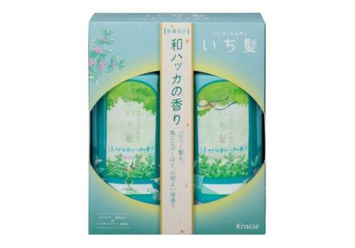  KRACIE Набор шампуня и кондиционера Ichikami по уходу за волосами восстанавливающий и предотвращающий повреждения (с ароматом японской мяты): шампунь 480мл.+ кондиционер 480г., фото 1 