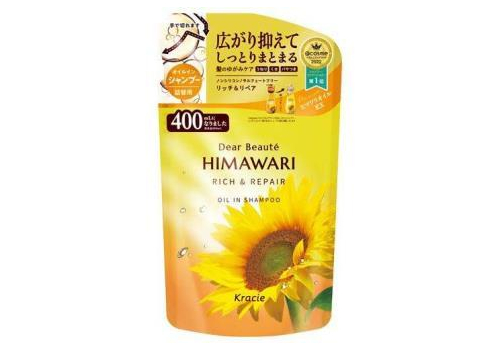  KRACIE Dear Beaute Himawari Rich & Repair Шампунь с растительным комплексом для поврежденных волос, с цветочным ароматом и нотками черной смородины и грейпфрута, сменная упаковка 400мл., фото 1 