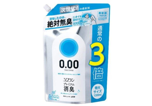  LION Кондиционер для белья Soflan блокирующий восприятие посторонних запахов Premium Deodorizer Ultra Zero-0.00 - аромат чистоты с нотой кристального мыла 1200 мл, мягкая упаковка с крышкой, фото 1 