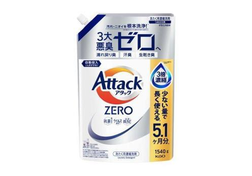  KAO Attack Zero Концентрированное антибактериальное жидкое средство для стирки, с легким ароматом свежей листвы, сменная упаковка с крышкой 1540г., фото 1 