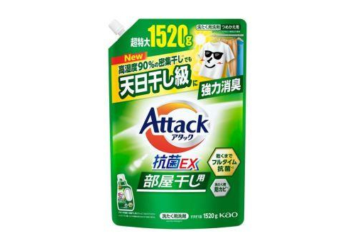  KAO Жидкое средство для стирки Attack Antibacterial EX for Room Drying с максимальным стерилизующим и дезодорирующим эффектом с насыщенным травяным ароматом сменная упаковка 1520г., фото 1 