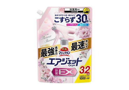  KAO Антибактериальное и дезодорирующее средство экспресс-действия для ванной комнаты Bath Magiclean Air Jet Sterilization EX Flower Shower с функцией длительного распыления сменная упаковка с цветочным ароматом 1000мл., фото 1 