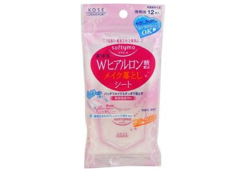  KOSE Влажные салфетки "Softymo" для снятия макияжа увлажняющие с W-гиалуроновой кислотой 12 шт., мини-упаковка, фото 1 