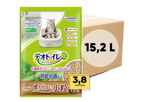  Unicharm Наполнитель древесный для системных туалетов Deo-Toilet Nyantomo мелкие гранулы коробка 4 уп*3,8 л, фото 1 