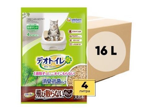  Unicharm Наполнитель древесный для системных туалетов Deo-Toilet Nyantomo крупные гранулы коробка 4 уп*4 л, фото 1 