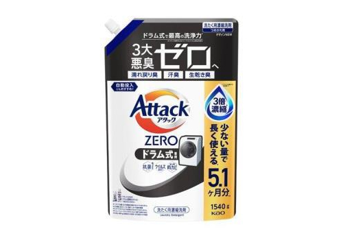  KAO Attack Zero Концентрированное жидкое средство для стирки в стиральных машинах барабанного типа, с ароматом свежей листвы, сменная упаковка с крышкой 1540г., фото 1 