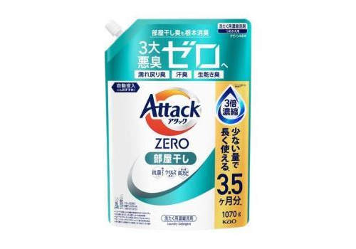  KAO Жидкое средство для стирки "Attack ZERO" (суперконцентрат, с защитой от неприятных запахов при сушке в помещении) 1070 г, сменная упаковка с крышкой, фото 1 