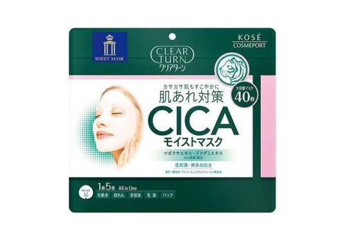  KOSE Clear Turn CICA Moist Mask Увлажняющая и тонизирующая тканевая маска для ухода за подверженной раздражению кожей лица, с экстрактом центеллы азиатской, 40шт в мягкой zip-упаковке., фото 2 